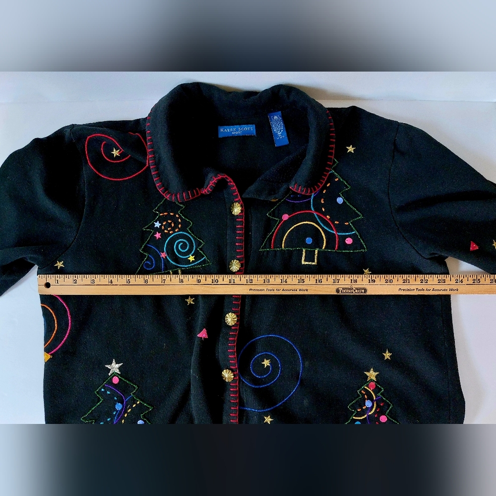 Black Fleece Christmas Jacket Beaded Trees & Spirals Karen Scott XL - Picture 4 of 5